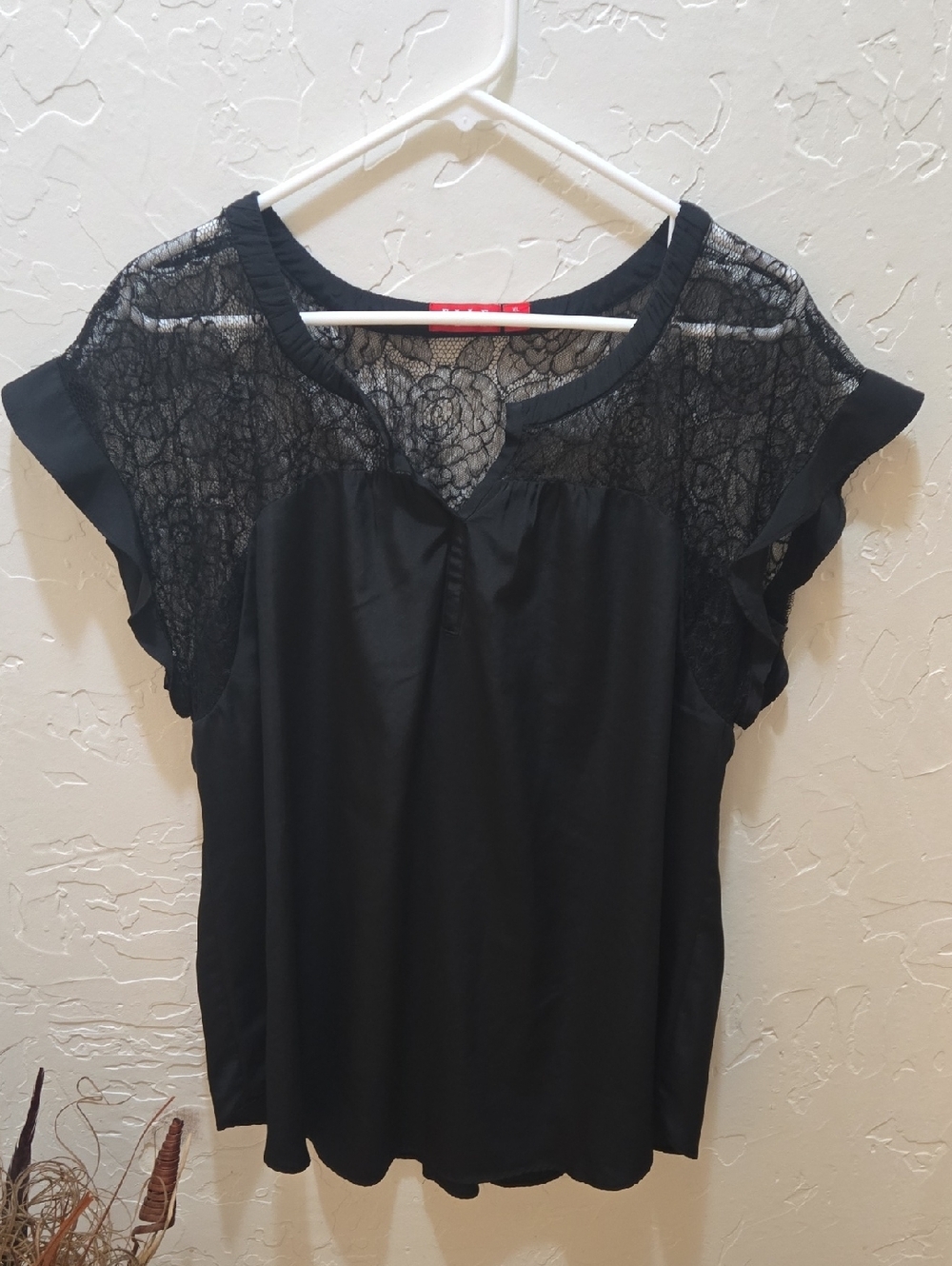 Elle Black Lace Yoke Flutter Sleeve Blouse